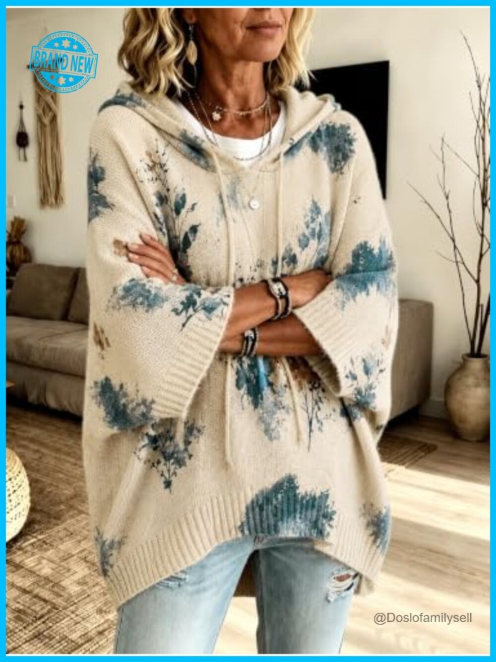 Women Floral Hooded Oversized Knit Pullover Sweater Batwing Sleeve Casual Top